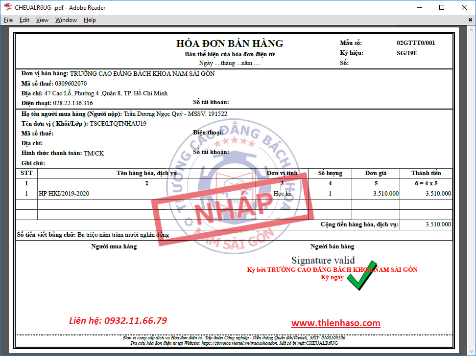 Tích hợp hóa đơn điện tử vào phần mềm quản lý đào tạo